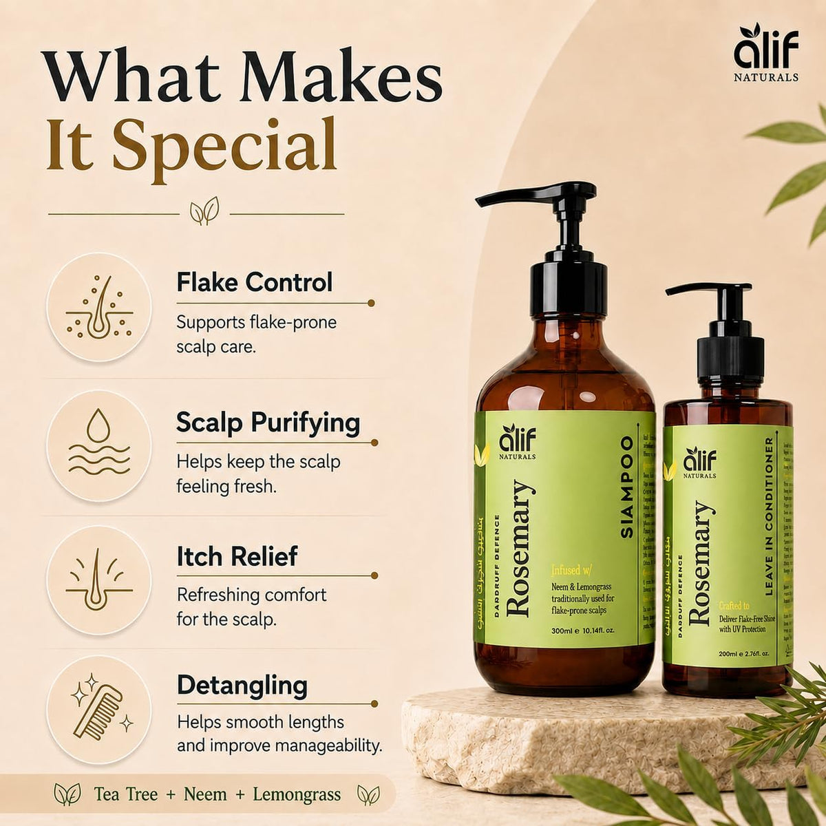 ALIF Naturals shampoo and leave-in conditioner benefits infographic