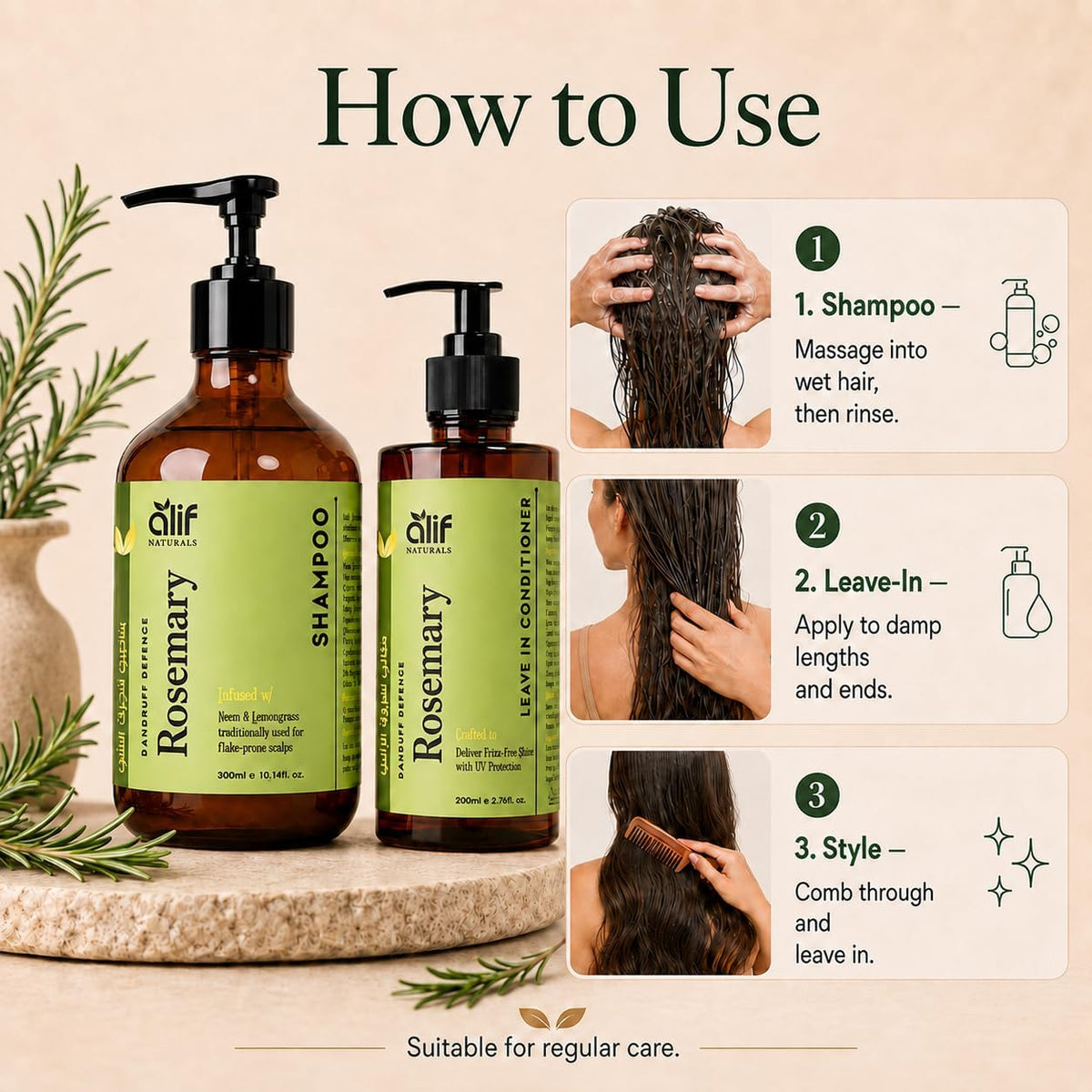 ALIF Naturals shampoo and leave-in conditioner how-to-use infographic