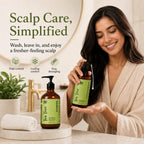 Woman holding ALIF Naturals Tea Tree leave-in conditioner beside Tea Tree shampoo