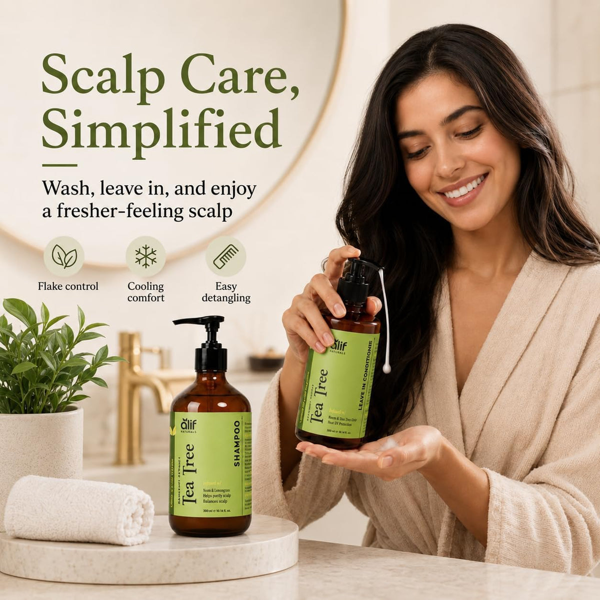 Woman holding ALIF Naturals Tea Tree leave-in conditioner beside Tea Tree shampoo
