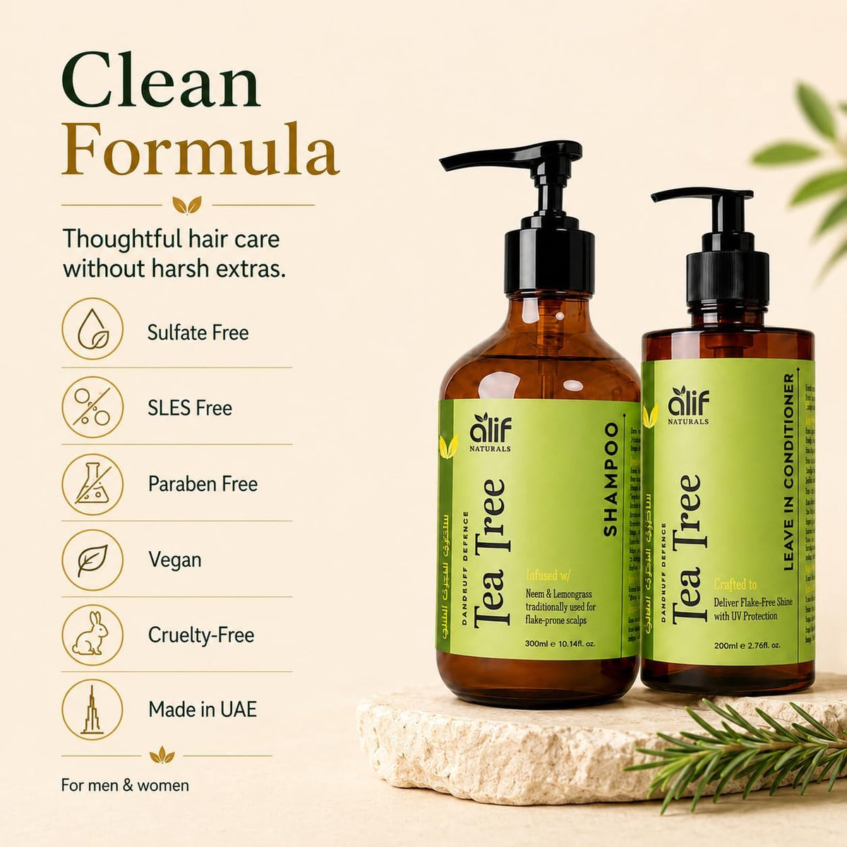 ALIF Naturals Tea Tree shampoo and leave-in conditioner formula infographic