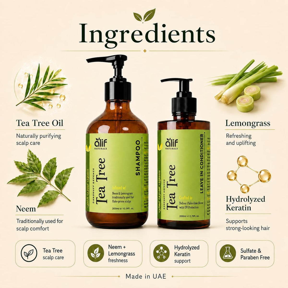 ALIF Naturals Tea Tree shampoo and leave-in conditioner ingredients infographic