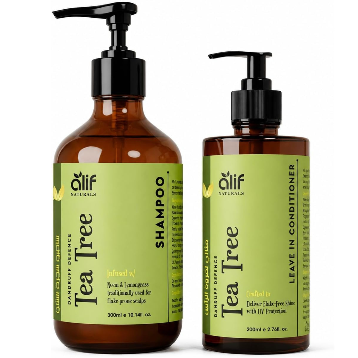 ALIF Naturals Tea Tree Shampoo 300 ml and Leave-In Conditioner 200 ml on a white background